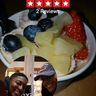 a bowl of fruit and two people