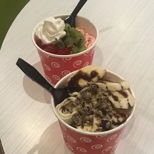 Original + Cherries: kiwi, cherries, whipped cream. (Bottom) Monkey Joke: chopped Reese's cups, banana, chocolate syrup.