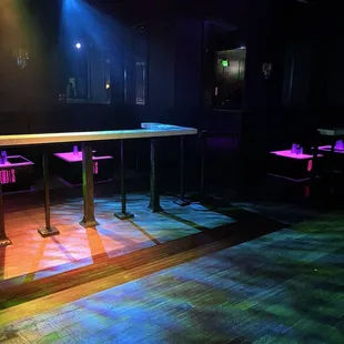 brightly lit tables and benches