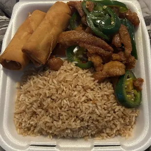 Jalapeño chicken, vegetable fried rice and egg rolls