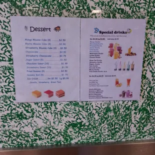 Drink and dessert menu