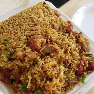 Chicken, roasted  pork and green onion fried rice