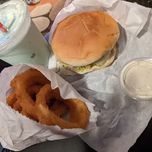 Onion rings, cheese burger and mint chocolate chip milk shake.