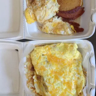 Bacon, ham, sausage, mushroom, onion and cheese omelet w/ cheesy hash browns. 2x2 pancakes special. Wheat toast and orange juice also.