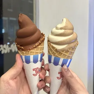 Vanilla Soft Serve with Dark Chocolate Dip in Waffle Cone; Turkish Coffee &amp; Donut Twist Soft Serve in Waffle Cone