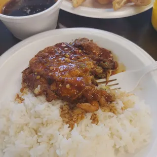 Chicken Egg Foo Young w/ sauce on white steamed rice