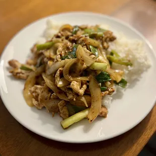 Mongolian chicken (extra spicy). It's got some serious heat. Yum.