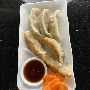  a plate of dumplings and dipping sauce