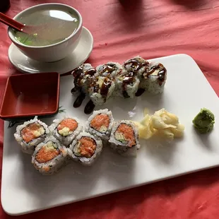 Spicy salmon and Eel Avocado roll, came with Miso soup.