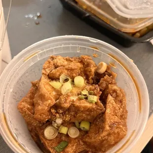 Crispy tofu! Flavorful! We really enjoyed this one while watching Mulan haha.