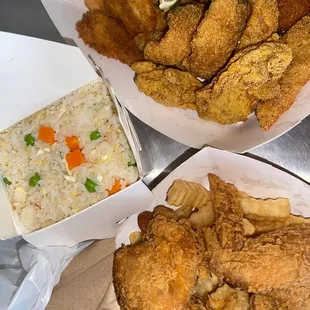 Wings, Wander's Sampler, Fried Rice and Crinkle Fries.