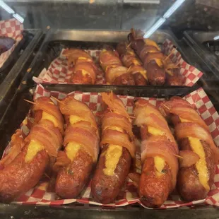 Bacon wrapped smoked sausages