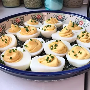a bowl of deviled eggs