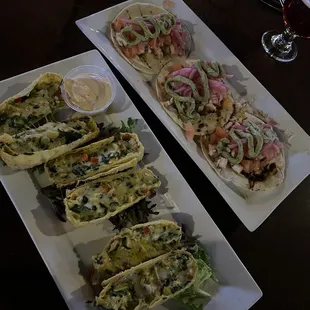 Chicken Artichoke Spring Rolls and chicken schwarma tacos