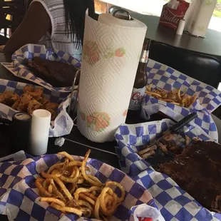 Ribs GREAT. curly fries and fried pickles