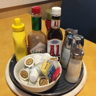 a tray of condiments and condiments
