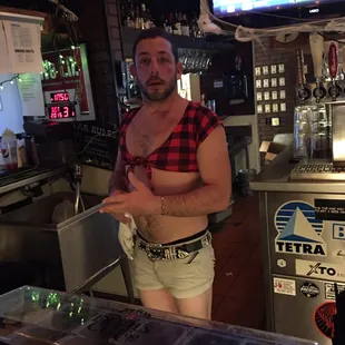 a man in a red and white shirt