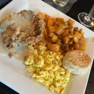 Chicken Fried Steak, Eggs, Breakfast Potatoes &amp; a Biscuit - brunch menu item