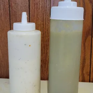 Ranch sauce on the left. Green chile sauce on the right.