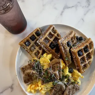 Classics Combo $13.49- Hard scrambled eggs w/ cheese, Turkey sausage, and a Belgian waffle (CONTAINS CINNAMON).