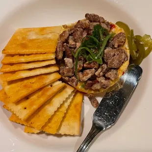 White Cheddar Pimento Cheese Fresno Chile, Red Pepper Jelly, Candied Pecans,  Spiced Saltine Crackers