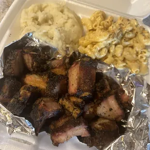Rib tips, mashed potatoes and Mac n cheese