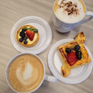 Fruit pastries, cappuccino, mocha