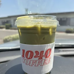 Iced matcha latte with oat milk and honey