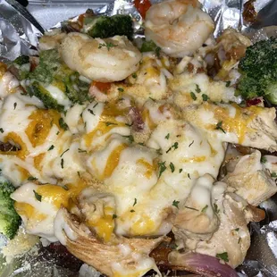 Chicken and shrimp loaded potato