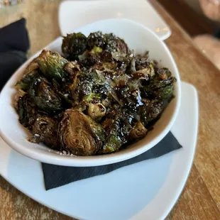 Flash fried brussels sprouts with a maple and bacon glaze