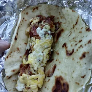 Bacon and eggs on flour. Just like momma&apos;s!