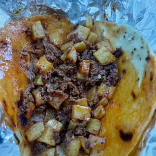 Inside the magical potatoes with chorizo and beans.