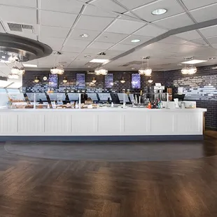 a view of a restaurant counter