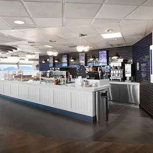 a view of a restaurant counter