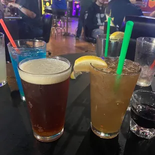 a variety of drinks on a table