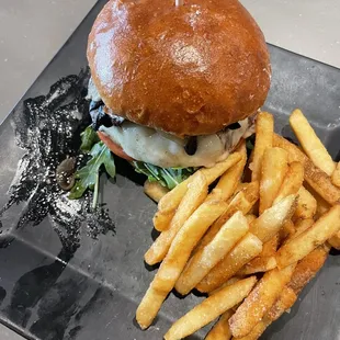 Mushroom Swiss Burger and Fries