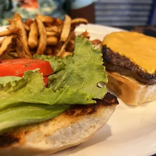 a hamburger and fries on a plate
