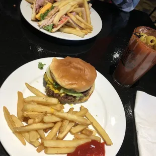 Club sandwich and the burger with a Bloody Mary !