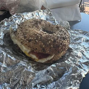 Bacon egg and cheese on an everything bagel.