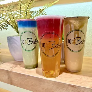 Butterfly Pea Matcha Latte (Fresh Milk), Fresh Dragon Fruit - Peach Green Tea, Caramel Frappescaramel