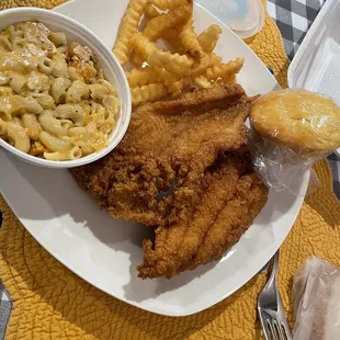 Fried Catfish (2pc) Mac &amp; Cheese, French Fries and corn bread muffin