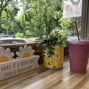 Gorgeous Almond berry smoothie and uplifting sign!