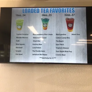 a menu for loaded tea favoritess