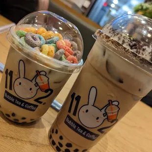 Wonderland Milk tea (Fruit loops, cream cheese foam, oolong tea, boba) and Plant Pot Milktea (boba, black-earl grey tea, cream cheese foam,)