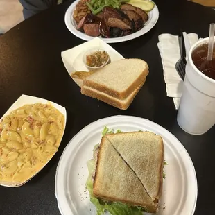 chicken salad sandwich w Mac n cheese, moist brisket plate
