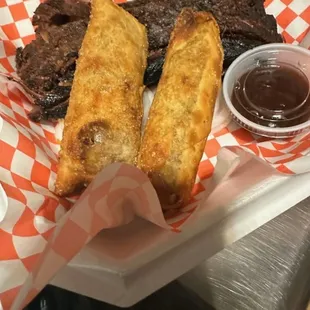 Long horns. They are like egg rolls with brisket or chicken or pulled pork