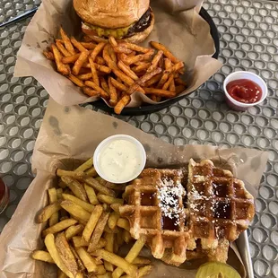 1129 Burger with Colorado Campfire Sweet Potato Fries and chicken and waffles with 1129 Fries