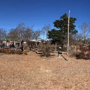 View from parking lot. Food truck on left, bar and seating area in center, play area on right