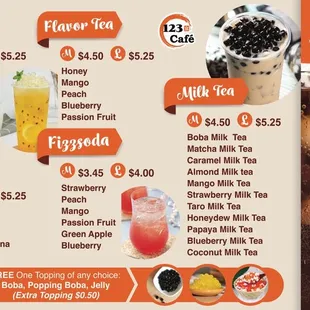 Boba tea, smoothie, slush , flavor tea , hibachi, sushi, Ramen and udon soup, general chicken , mandarin chicken , katsu