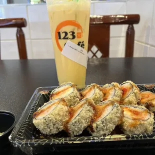 sushi, mango milk tea